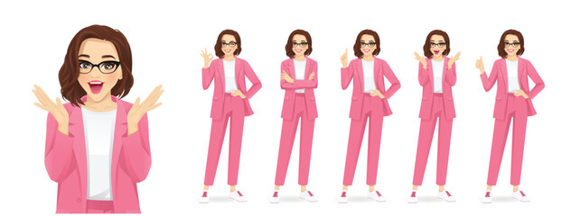 Casual beautiful business woman in different poses set. Various gestures surprised, pointing, standing with crossed hands, showing thumb up and ok sign isolated vector illustration