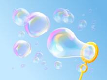 3d Blowing Bubbles. Realistic Soap Bubble Flying From Wand, Kids Foam Souffle Play In Colorful Oxygen Shampoo Translucent Clear Ball