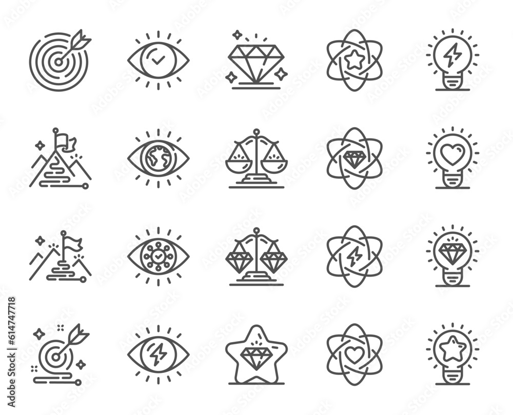 Mission, Vision, Values line icons. Business strategy, target goal and ...