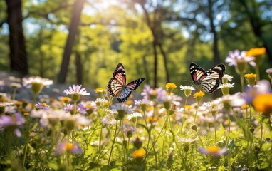 butterflies fly over flowers and bushes in city park, biodiversity and rewilding in city created wit