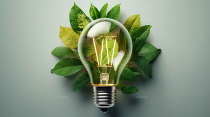 lightbulb with young plant on soil and sunshine. concept saving energy in nature