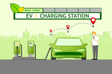 Wall Mural - Electric car connect to smartphone for finding location nearby charging station, Renewable energy, Environmentally sustainability, Green cities and Transportation technologies for Pollution Reduction.