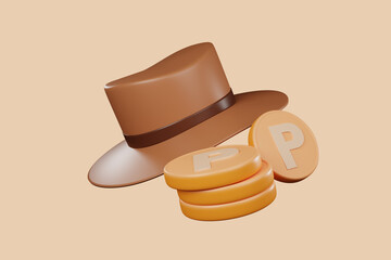 3d icons of hats and coins floating in the air marketing ideas