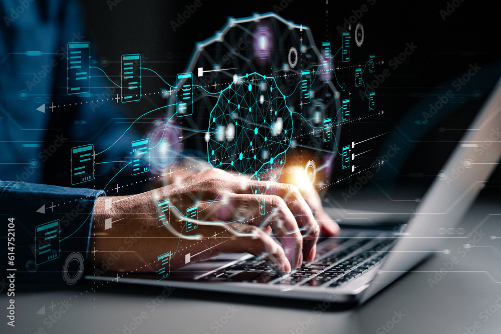 technology, neural, business, processor, network, link, system, intelligence, innovation, artificial intelligence. typing keyboard to training artificial intelligence. neural tech and link network.