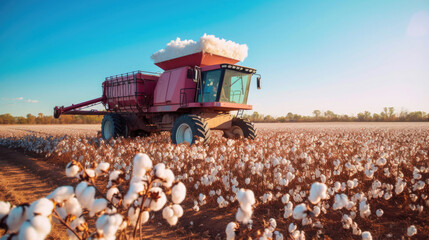 Wall Mural - Picking cotton in the field. A cotton harvester collects cotton in a cotton field. Generative AI.