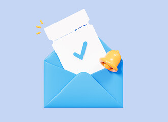 3D Blue envelope inside which tickets with checkmark. Bell notification. Online voting in elections. Movie tickets or coupon sent by mail. Cartoon creative design icon on blue background. 3D Rendering