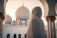 Arab Woman In Hijab Near The Mosque, Generative AI 2