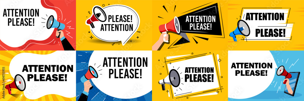 Important message attention please and megaphone in hand. Vector ...