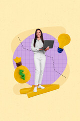 Aufkleber - Picture image 3d collage poster of successful girl use modern computer earn money distance work isolated on drawing beige background
