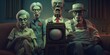 Hypnotised zombie family watching propaganda on tv, concept of Subliminal messaging, created with Generative AI technology