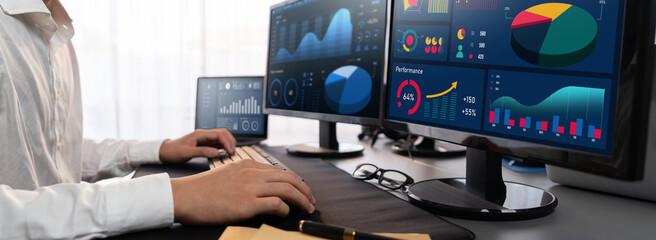 Poster - analyst working on data analysis or bi dashboard on computer monitor. businessman analyzing financia