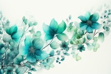 Teal Blue Floral Elements With Light Green And Small Blue Flowers On White Background. Soft Watercolor Painting. Generative AI