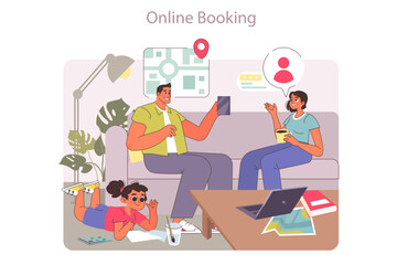 Poster - Flight tickets online booking concept. Buying ticket with smartphone. Vector illustration.