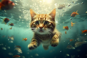 ginger cat diving underwater with fish, made with generative ai