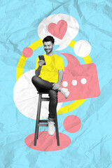 Aufkleber - Vertical poster collage sketch picture of funny man sit chair bar relax rest talking girlfriend virtual date isolated on painted background