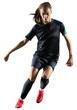 Young competitive woman, football player in motion, training, preparing for game isolated on transparent background. Concept of professional sport, competition, hobby, action and motion