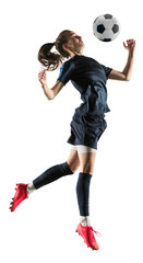 active young woman in uniform, football player in motion, training, playing isolated on transparent 