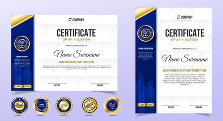 Wall Mural - certificate of appreciation template, gold and blue color. clean modern certificate with gold badge.