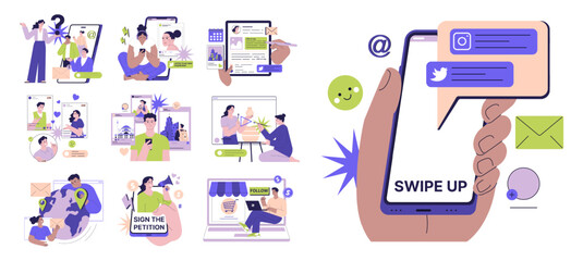 Wall Mural - positive aspects of social networks set. characters learning new information