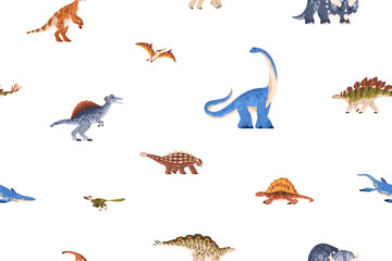 Wall Mural - Dinosaurs seamless pattern. Cute childish texture design, repeating print with animals. Dino characters endless background, kids wallpaper. Flat vector illustration for decoration, wrapping, textile
