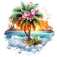 Tree, vector design for t-shirt, splashes and waves, bright tropical design, california, miami