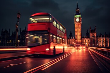 Wall Mural - Close - up shot, charm of London at night as a red double - decker bus gracefully crosses. Generative AI