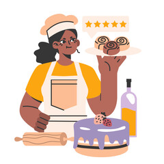 Female confectioner. Small business-owner. Black woman in an apron