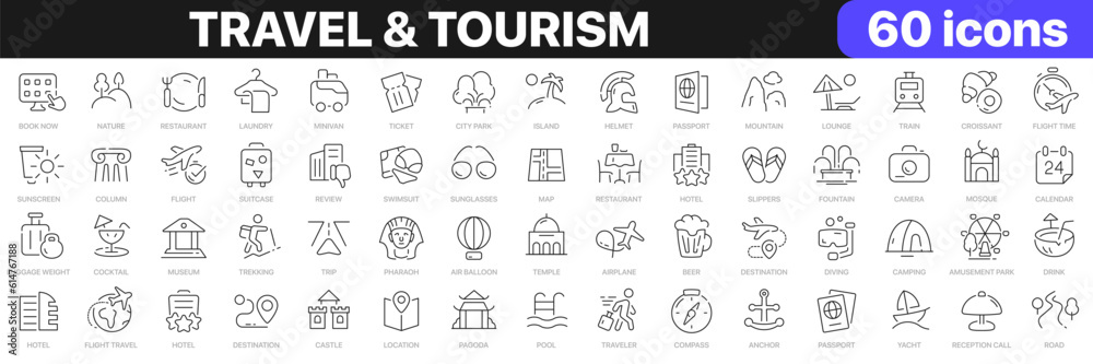 Travel and tourism line icons collection. Hotel, museum, airport, trip ...