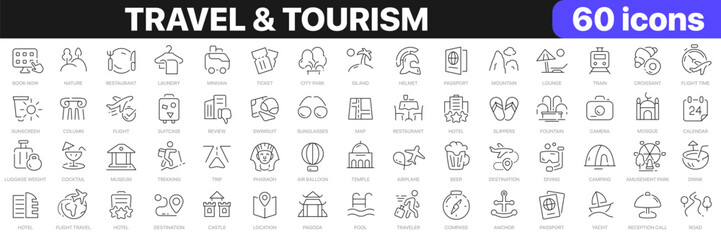travel and tourism line icons collection. hotel, museum, airport, trip icons. ui icon set. thin outl