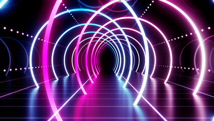 Wall Mural - neon line tunnel glowing fluorescent light corridor stage 3d illustration background