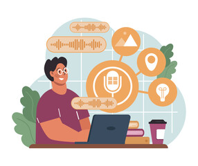 Poster - voice search. artificial intelligence virtual assistant. man speaking