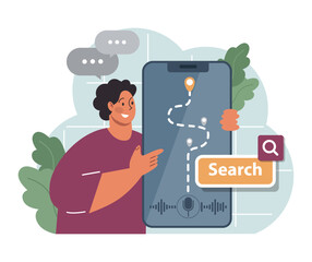 Poster - voice search. artificial intelligence virtual assistant. man speaking