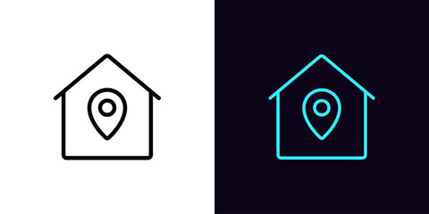 Poster - outline home marker icon, with editable stroke. house with map pin sign, booking apartment service. 