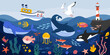 Large vector set of underwater world. Horizontal banner with ship, sea lighthouse, seagulls, sea and ocean animals. Fish, whales, algae. Marine life. Ocean floor. Flat style collection of ocean animal