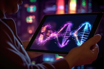Wall Mural - a detailed close - up photograph of a medicine doctor's hand interacting with an electronic medical 
