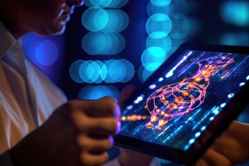 Wall Mural - a detailed close - up photograph of a medicine doctor's hand interacting with an electronic medical 