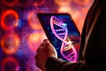 Wall Mural - a detailed close - up photograph of a medicine doctor's hand interacting with an electronic medical 