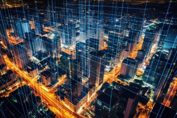 Wall Mural - close-up photo of night cityscape symbolizing fast network and connection technology. generative ai