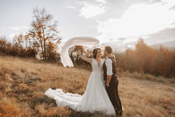 Wall Mural - Happy wedding couple posing over a beautiful mountain landscape. wedding veil in the air