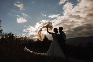 Wall Mural - Happy wedding couple posing over a beautiful mountain landscape. wedding veil in the air