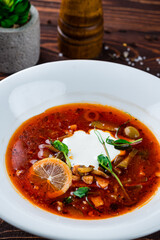 Sticker - Solyanka soup with ham, meat, olives, tomatoes, sour cream, lemon, pickled cucumbers, onions and herbs, hot meal.