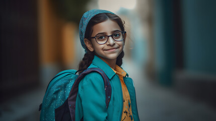 Arabian student girl with backpack. Concept of back to school. AI generated