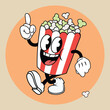 Vintage cartoon pop corn mascot, classic rubberhose style character, vector