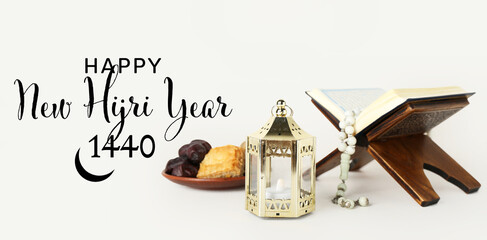 Wall Mural - Banner for Happy Islamic New Year with Quran and fanous lamp