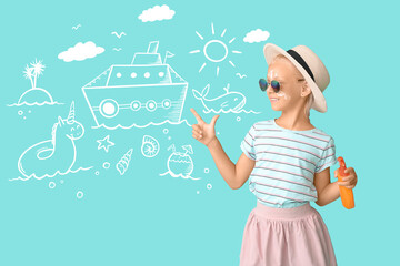 Wall Mural - Little girl with sunscreen pointing at drawn sea with boat on light blue background