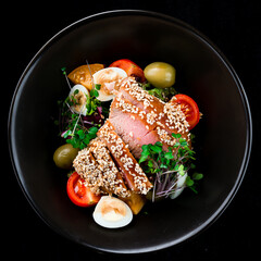 Sticker - Salad with raw tuna, cherry tomatoes, olives, quail eggs and microgreens, fresh lunch.