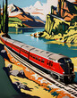 vintage art deco style 1950s railway travel poster with a diesel locomotive train running though a river landscape
