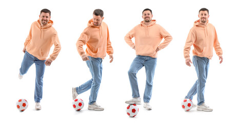 Wall Mural - Man playing with soccer ball on white background