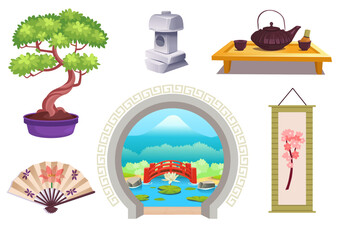 Wall Mural - Japanese set of Japanese stone lantern, sakura, bonsai, round open door, garden bridge, water lilies, fan