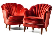 Two Vintage Armchairs In The Art Deco Style, In Red Velvet With Wooden Legs, Isolated With Clipping Path On A White Background. Many Furniture Types. Generative AI